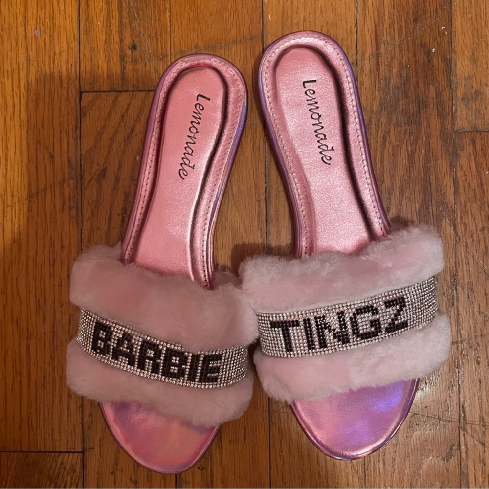 Lemonade Iridescent Pink Fur Slides